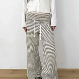 Wide Striped Waist Tie Back Pocket Straight Long Pants