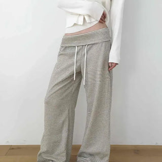Wide Striped Waist Tie Back Pocket Straight Long Pants