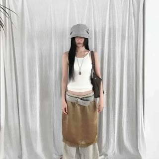 H-Line Slip Midi Skirt with Elastic Waist and Lace Hem