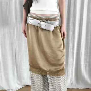 H-Line Slip Midi Skirt with Elastic Waist and Lace Hem