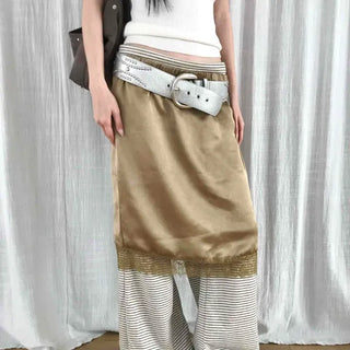 H-Line Slip Midi Skirt with Elastic Waist and Lace Hem