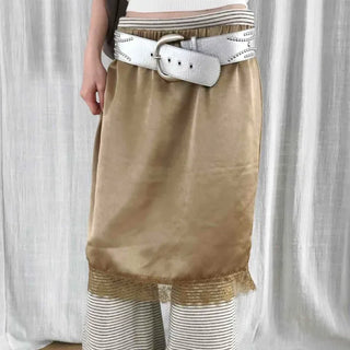 H-Line Slip Midi Skirt with Elastic Waist and Lace Hem