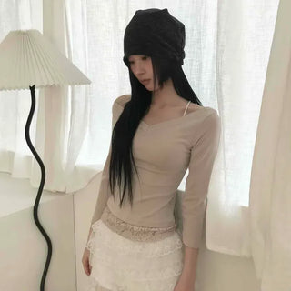 Lace Hem Cross V-Neck Slim Fit Long Sleeve Tee
