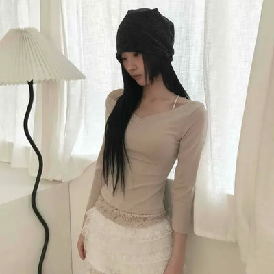 Lace Hem Cross V-Neck Slim Fit Long Sleeve Tee