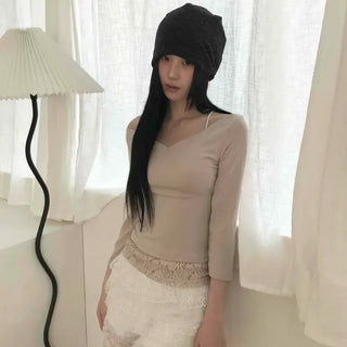 Lace Hem Cross V-Neck Slim Fit Long Sleeve Tee