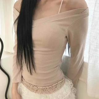 Lace Hem Cross V-Neck Slim Fit Long Sleeve Tee