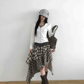 Asymmetrical Handkerchief Waistband Check Midi Skirt