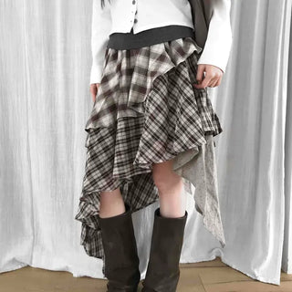 Asymmetrical Handkerchief Waistband Check Midi Skirt