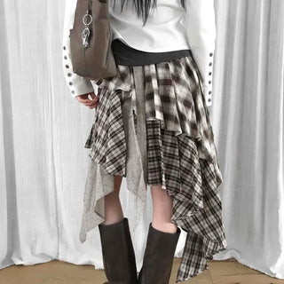Asymmetrical Handkerchief Waistband Check Midi Skirt