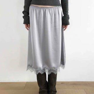 Shine Satin Lace Elastic Waist Midi Skirt