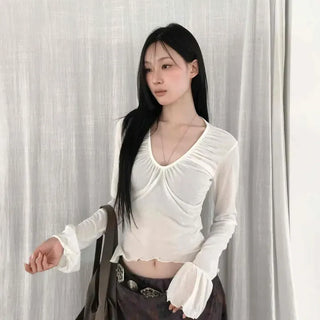 V-neck Frilled Sleeve Shirring Short-length Long-sleeve T-shirt