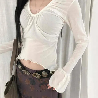 V-neck Frilled Sleeve Shirring Short-length Long-sleeve T-shirt