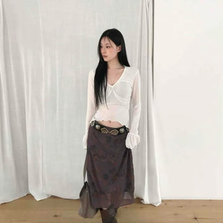 Detailed Sheer Flower Midi Skirt