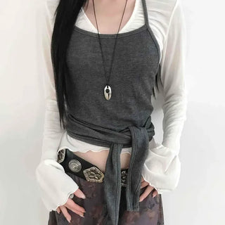 Slim Fit Halter Neck Waist Tie Short Sleeveless