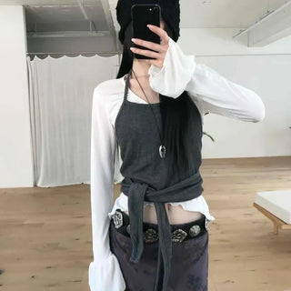 Slim Fit Halter Neck Waist Tie Short Sleeveless