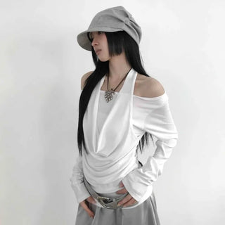 Royren Off-shoulder Halter Neck Long Sleeve T-shirt