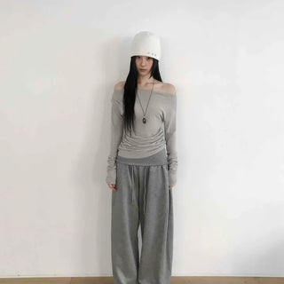 High-waisted Flap Pocket Gathered Semi-flare Wide Long Pants