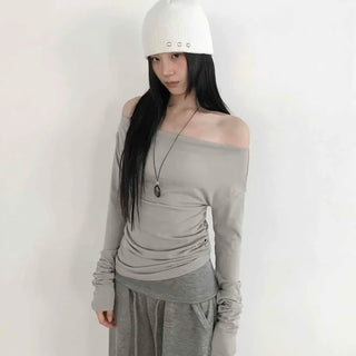 Side Shirred Off-Shoulder Slim Fit Long-Sleeve T-Shirt