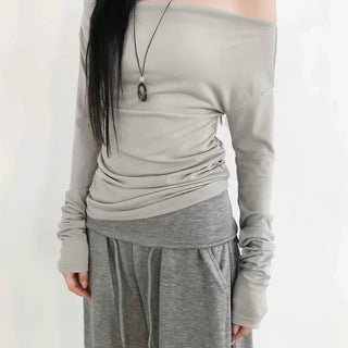 Side Shirred Off-Shoulder Slim Fit Long-Sleeve T-Shirt
