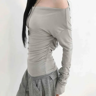 Side Shirred Off-Shoulder Slim Fit Long-Sleeve T-Shirt