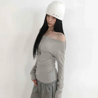 Side Shirred Off-Shoulder Slim Fit Long-Sleeve T-Shirt