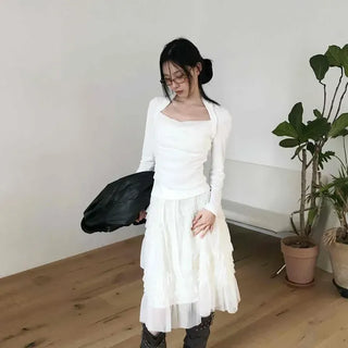 Bolero Sweet Square Neck Slim Fit Short Long Sleeve T-shirt