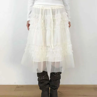 Shirred Layered Tulle Mesh Midi Skirt