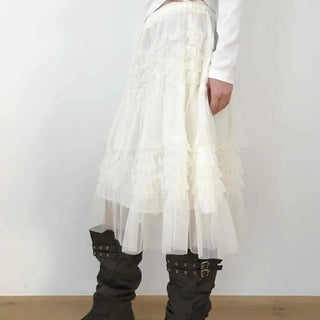 Shirred Layered Tulle Mesh Midi Skirt