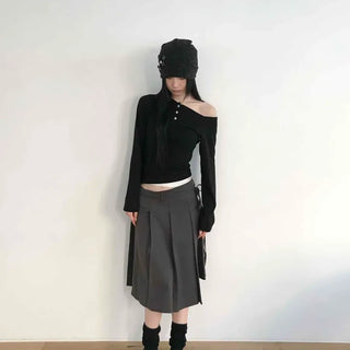 High-waisted Boxy Pleated Side Ribbon Tie A-line Midi Skirt