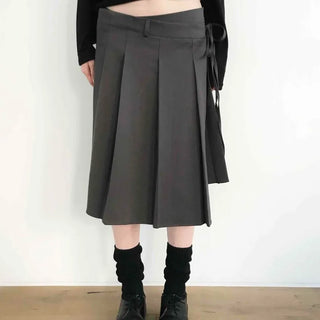 High-waisted Boxy Pleated Side Ribbon Tie A-line Midi Skirt