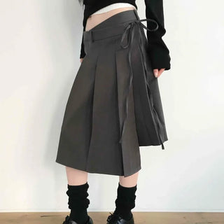 High-waisted Boxy Pleated Side Ribbon Tie A-line Midi Skirt