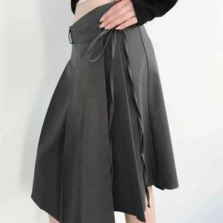 High-waisted Boxy Pleated Side Ribbon Tie A-line Midi Skirt