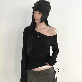 Asymmetrical Off-Shoulder Slim Long-Sleeve T-Shirt
