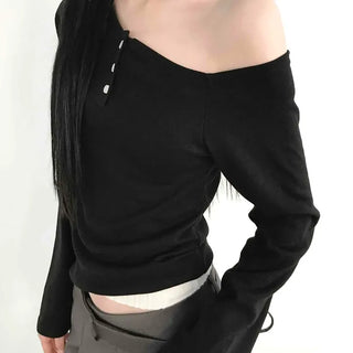 Asymmetrical Off-Shoulder Slim Long-Sleeve T-Shirt