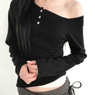 Asymmetrical Off-Shoulder Slim Long-Sleeve T-Shirt