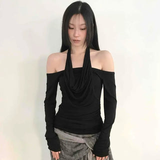 Halter Neck Shoulderless Side Shirred Slim Fit Long Sleeve T-shirt