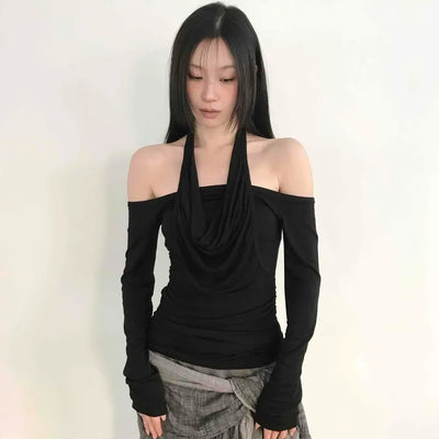 Halter Neck Shoulderless Side Shirred Slim Fit Long Sleeve T-shirt