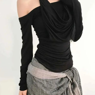 Halter Neck Shoulderless Side Shirred Slim Fit Long Sleeve T-shirt