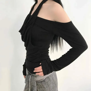 Halter Neck Shoulderless Side Shirred Slim Fit Long Sleeve T-shirt