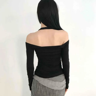 Halter Neck Shoulderless Side Shirred Slim Fit Long Sleeve T-shirt