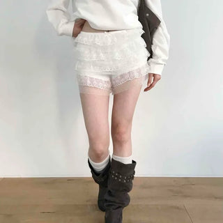 High-waisted Flower Tiered Lace Shorts