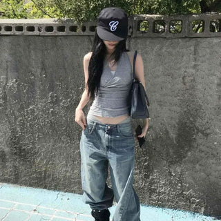 Loose-fit Washed Line Wide Long Denim Pants