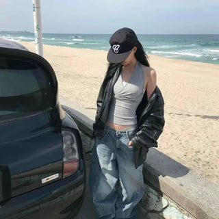Loose-fit Washed Line Wide Long Denim Pants