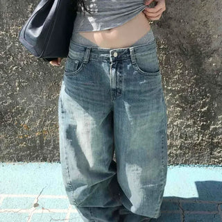 Loose-fit Washed Line Wide Long Denim Pants