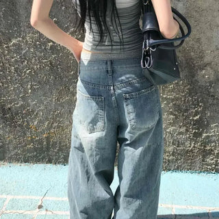 Loose-fit Washed Line Wide Long Denim Pants