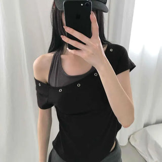 Slim Fit Plain Eyelet String Off-Shoulder Short Sleeve T-Shirt