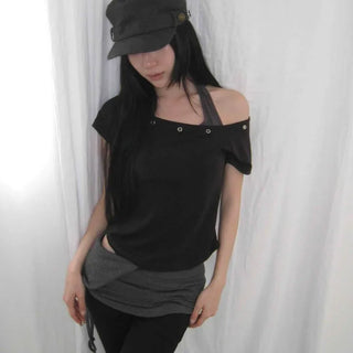Slim Fit Plain Eyelet String Off-Shoulder Short Sleeve T-Shirt