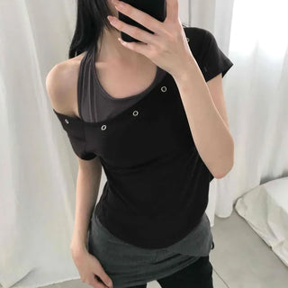 Slim Fit Plain Eyelet String Off-Shoulder Short Sleeve T-Shirt