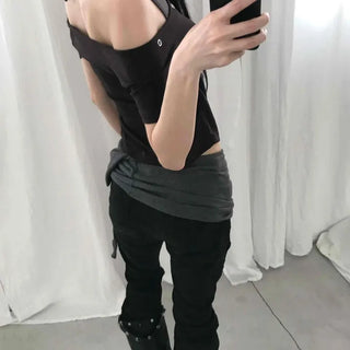 Slim Fit Plain Eyelet String Off-Shoulder Short Sleeve T-Shirt