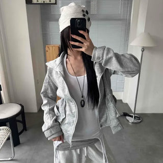 Loose-fit Plain Button Zipper Full-zip Long-sleeve Zip-up